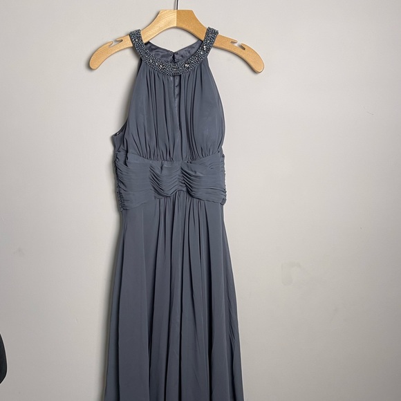 Eliza J Beaded Halter Tiered Chiffon Gray Gown Size 6 - Picture 7 of 15
